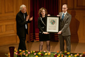 Anne-Marie O'Reilly & Henry McLaughlin receiving the award on behalf of 2012 Laureate Campaign Against Arms Trade (CAAT)